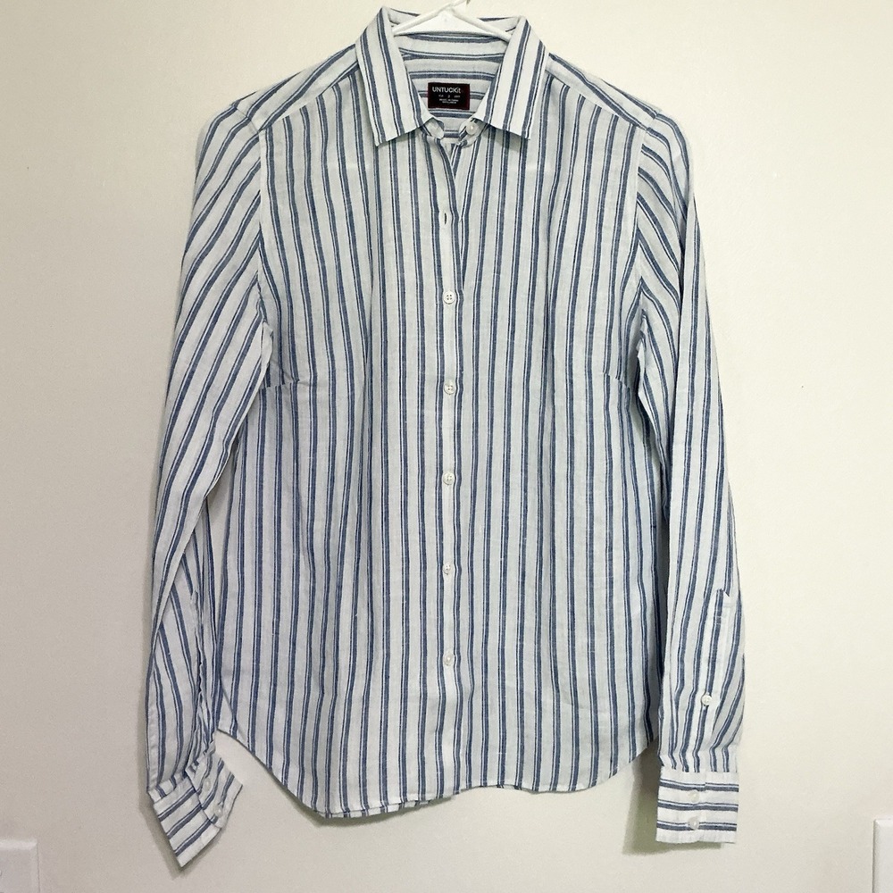 UNTUCKit Women's Size 2 100% Linen Button Up Shirt Blue & White Striped NEW